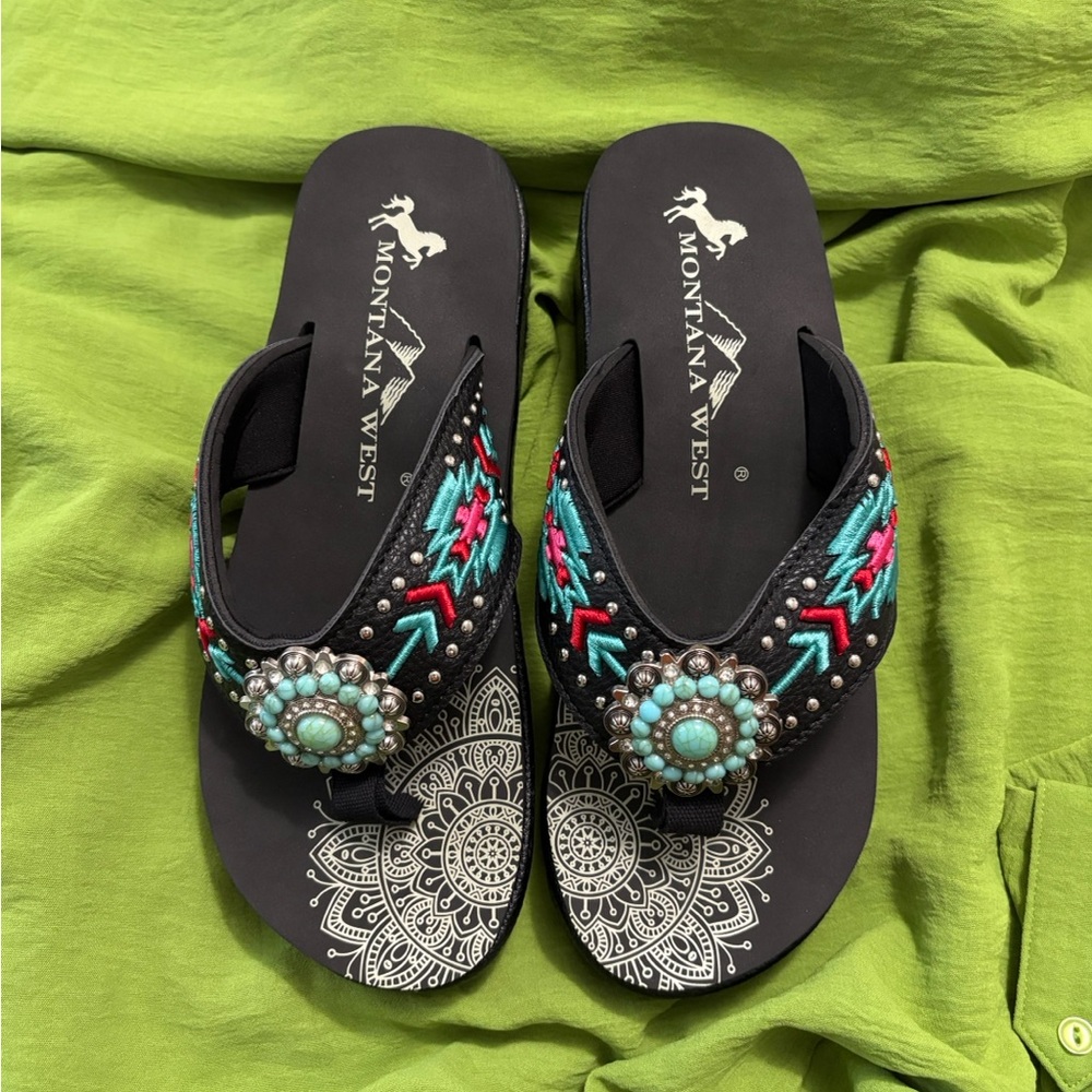 BRAND NEW! Montana West Black and Turquoise Embellished Sandals